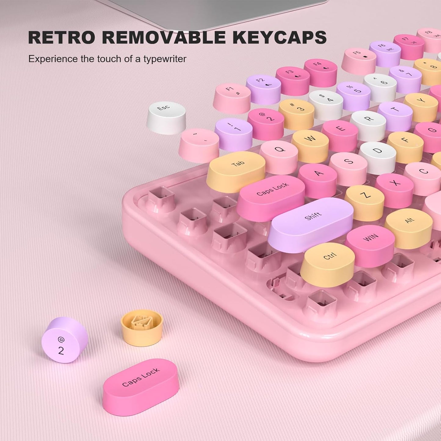 MOFII Wired Full Size USB Keyboard, Colorful Retro Round Typewriter Keyboard with Foldable Stands for Windows PC Laptop (Pale Pink)