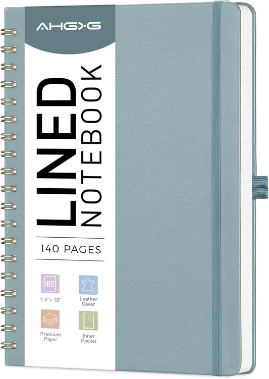 AHGXG Lined Spiral Journal Notebook, B5 Large Notebooks for Women Men, 140 Pages Hardcover Leather Notebook College Ruled, 100 GSM Paper, Notebooks for Work School Note Taking, 7.6" x 10", GrayBlue