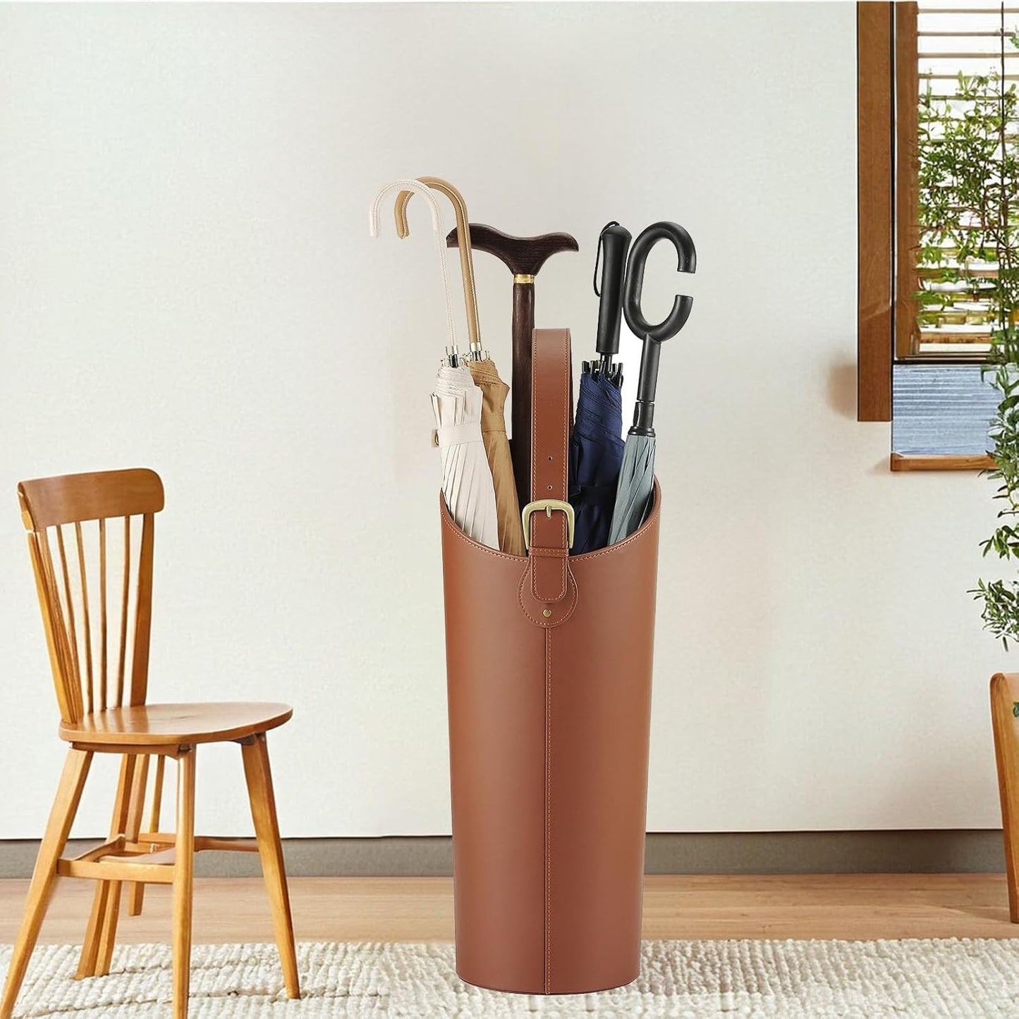 Brown Artificial Leather Tall Umbrella Holer Entryway Indoor for Business Office,22.4 Inch Umbrella Stand Entryway with Removable Water Tray 2 Hooks