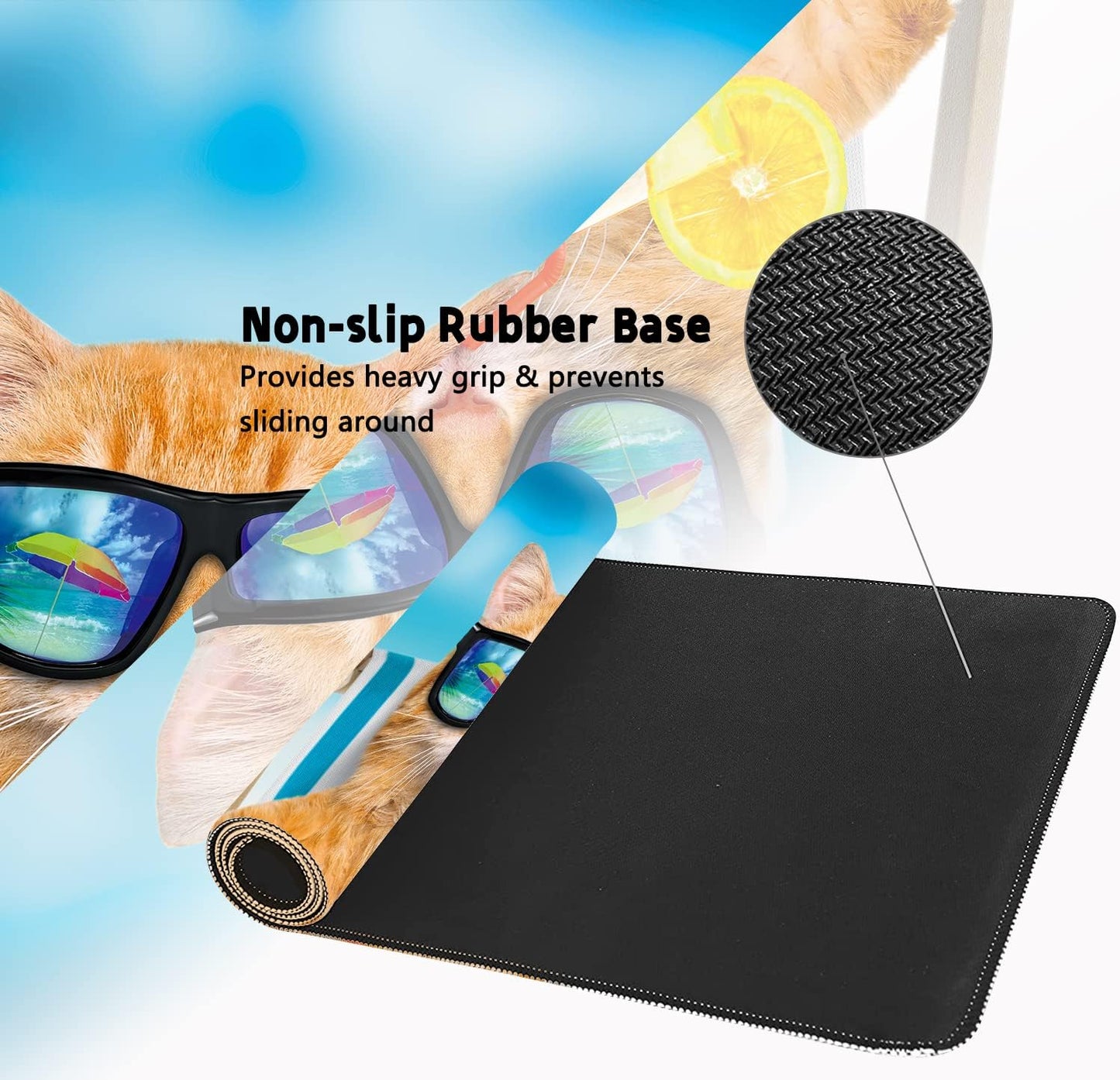 Extended Large Gaming Mouse Pad Cute Cat on Beach Chair XXL Size Keyboard Mouse Mat Desk Pad with Non Slip Rubber Base Stitched Edges Office Decor for Women Girls Men,35.4 x 15.7inch