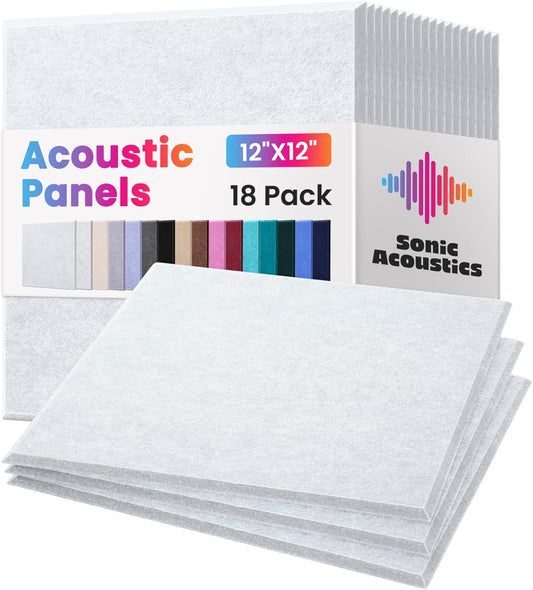 Sonic Acoustics 18-Pack Soundproof Wall Panels,Self-Adhesive Acoustic Panels,High-Density 12x12x0.4 Inch Sound Absorbing Wall Panels for Home, Office, Studio & Recording Rooms (White Square)