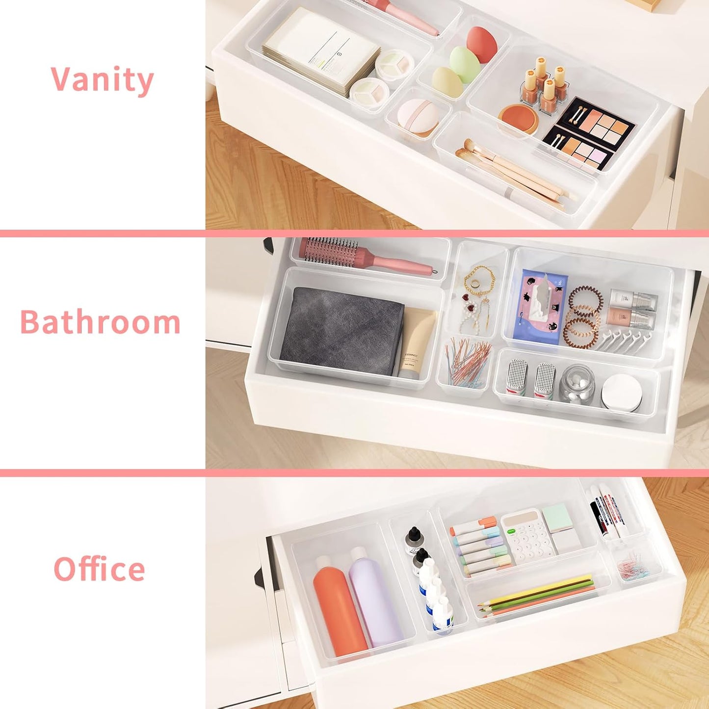 25 PCS Plastic Drawer Organizer Set, 4-size Clear Bathroom and Vanity Desk Drawer Organizer Trays, Non-Slip Versatile Storage Bins for Makeup Jewelry Office Kitchen Gadgets