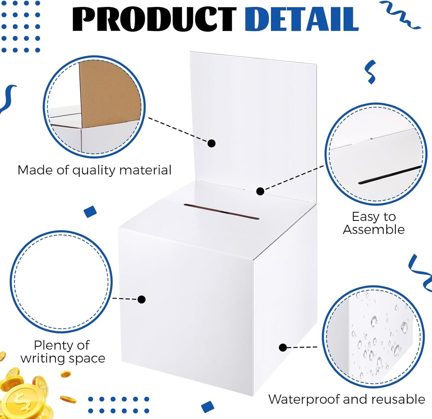 PerKoop 20 Pcs Extra Large Raffle Ticket Box, 10 x 10 x 10 Inch Cardboard Ballot Box with Slot, Large Suggestion Donation with Removable Header for Fundraising Ticket Collecting Voting Contest, White