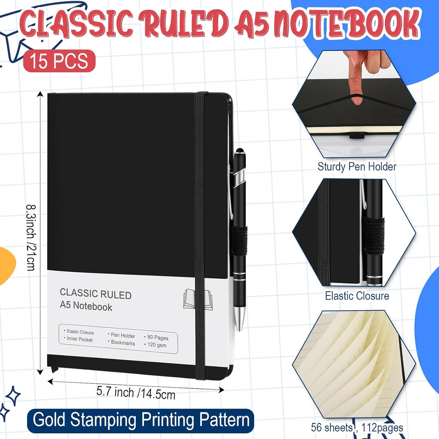 15 Pack Journal Notebook Bulk A5 Hardcover Notebook Classic Journal Set with Pen Holder with 15 Pcs Pens for School Business Work Travel Writing (Black)