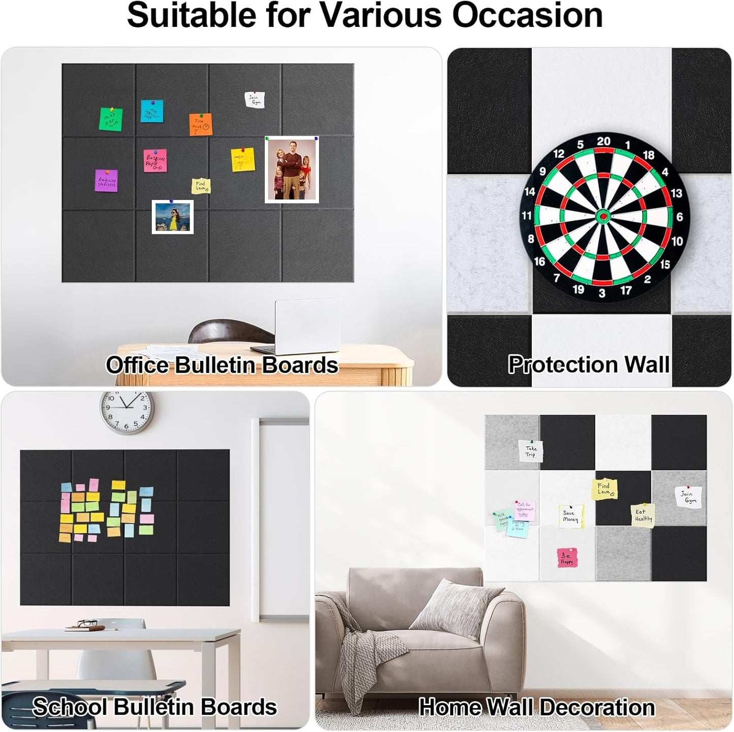 Large Cork Board for Walls 47" x 35" 12 Pack Black Bulletin Boards Felt Wall Tiles with Safe Removable Adhesive Corkboards for Office Home,Black