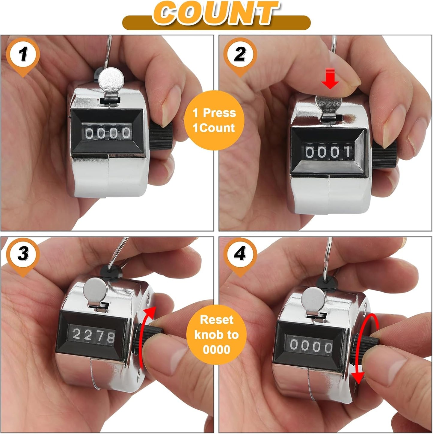 2 Pcs Clicker Counter, Hand Tally Counter with Large Display - Mechanical Pitch Counter Clicker for Baseball, Inventory, People Counting, Events, Gym Reps(Silver)