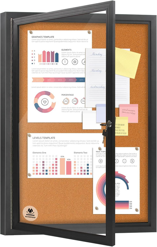 36x24 Inch Outdoor Enclosed Bulletin Board with Locking Door - Weatherproof & Tamperproof Cork Notice Board - Black Aluminum Frame