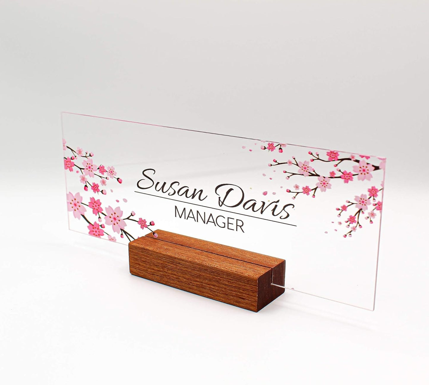 Custom desk nameplate desk décor wood base holder office supply acrylic sign coworker gift teacher school flower floral (8"x3"