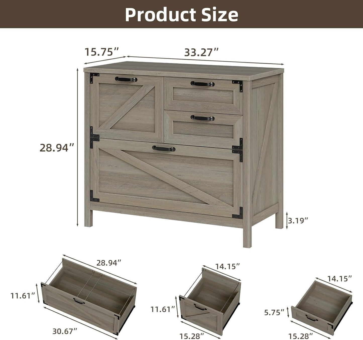 Wood Lateral File Cabinet with 4-Drawer for Hanging Files Letter/A4/Legal Size, Large Farmhouse Filing Cabinets for Home Office, Printer Stand with Office Cabinet, Office Furniture, Rustic Grey