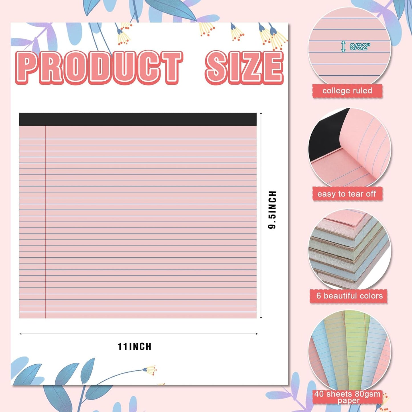 Lincia 6 Pcs 11" x 9.5" Legal Pads College Ruled Notepad Landscape Notebook Horizontal Lined Notebook 80 Gsm Assorted Colors Paper Pastel Writing Pads for School Office, 40 Sheet (Pastel Colors)