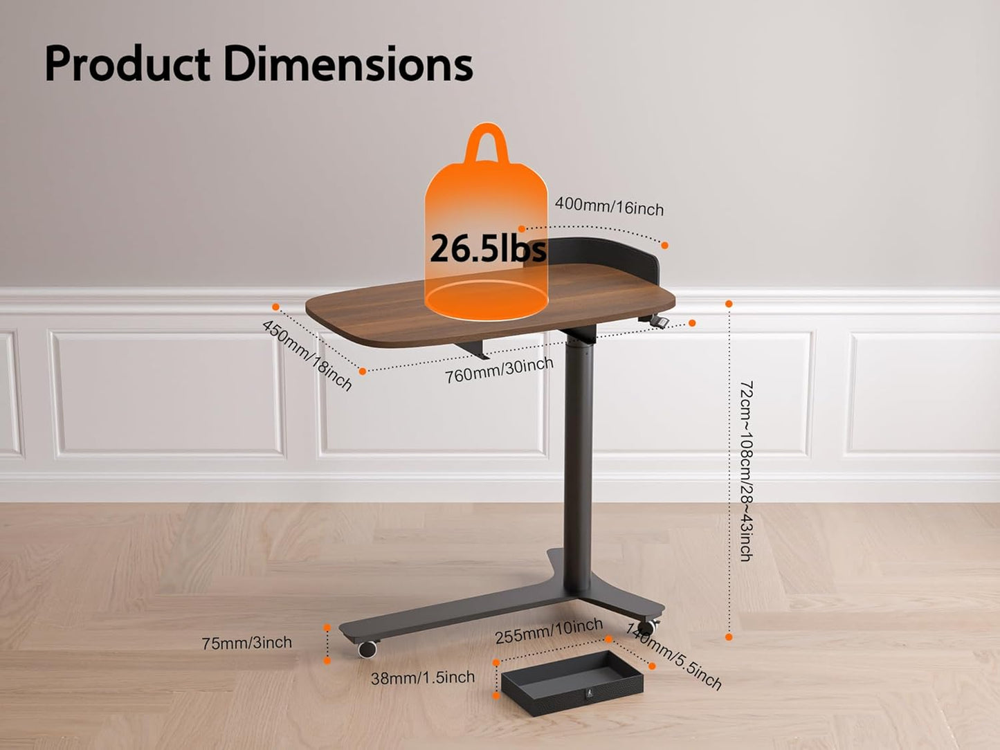 Rolling Adjustable Height Desk with Drawer and Wheels, Portable Small Standing Desk Pneumatic for Home Office, Mobile Computer Laptop Desk Cart, Medical Sofa Overbed Table, Black Walnut