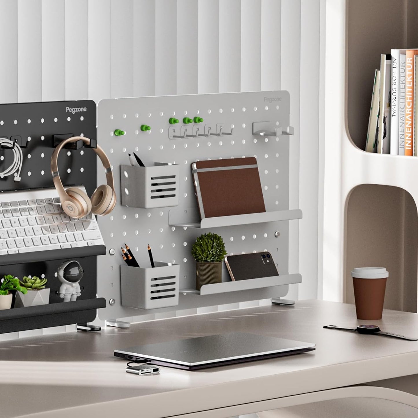 Clamp-on Desk Pegboard, Desk Organizer for Office Gaming Home, Magnetic Metal Peg Board with 15 Accessories, Privacy Panel for Office, 20.4" x 16.5", Large, White