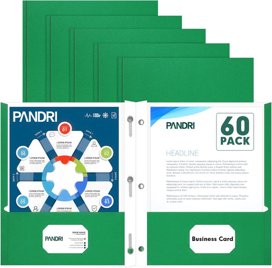 Two Pocket Folders, PANDRI 60 Pack Two Pocket Folders with Prongs, 3 Prong Folders Designed for Office and Classroom, Letter Size Green