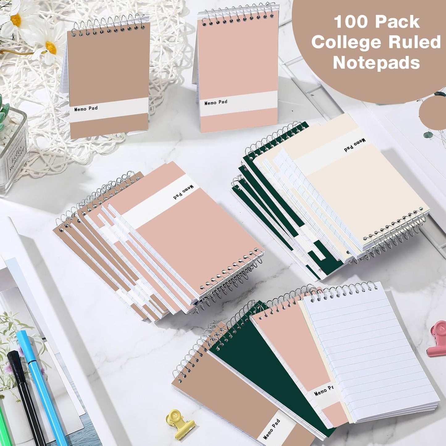 Thenshop 100 Pads Spiral Memo Pads Bulk 3 x 5 Inch Small Pocket Notepad Top Bound Lined 60 Sheets Mini Notebooks for School College Office Home Supplies (Mixed Colors)