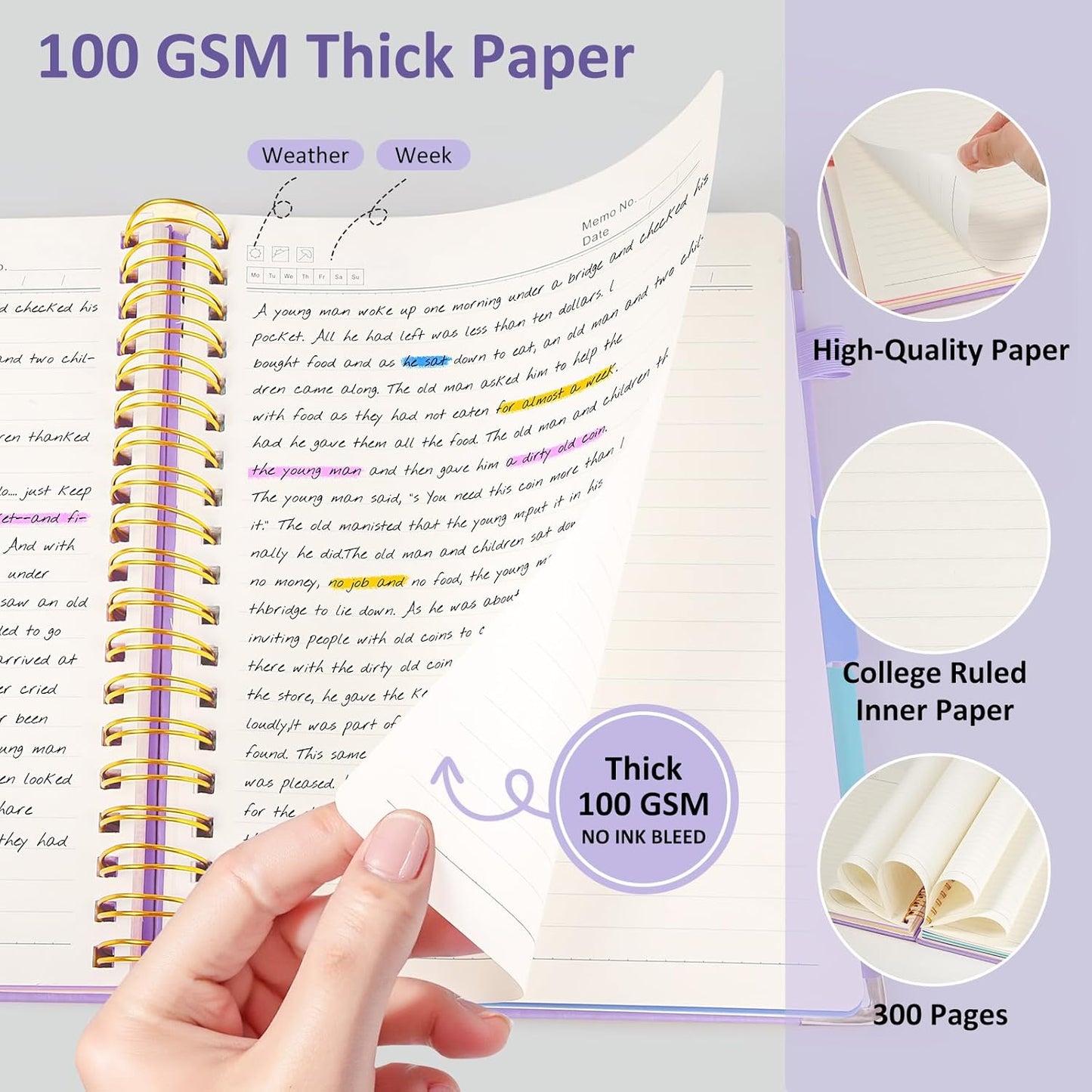 Hardcover Spiral Notebook Journal, 8"x10" Large B5 Notebooks with Removable Dividers Tabs, 300 Pages Leather 5 Subject Notebook College Ruled, Journal for Work School Note, 100 GSM Thick Paper,Purple.