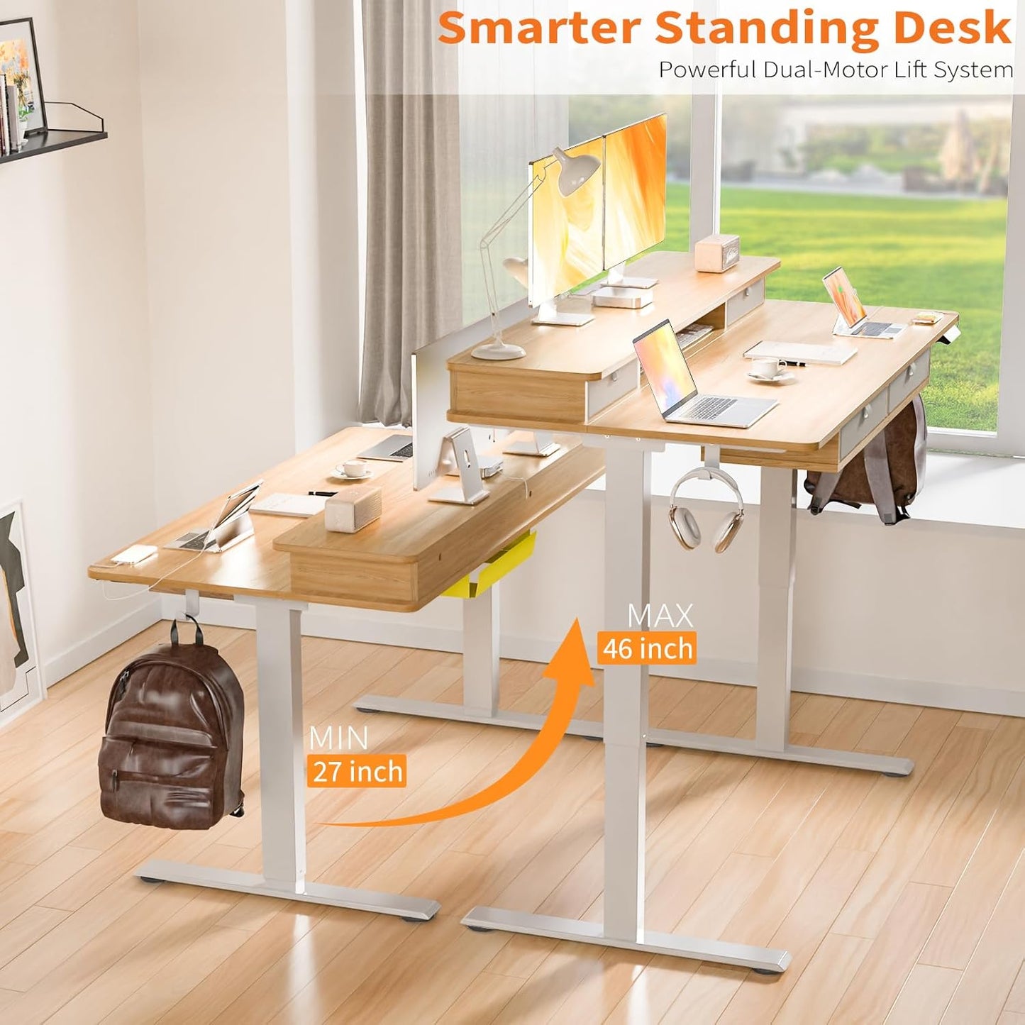 48 * 30 Inches Electric Standing Widened Desk Adjustable Height with 4 Drawers, Double Storage Shelves, Home Office Workstation Sit Stand up Desk (Nature)