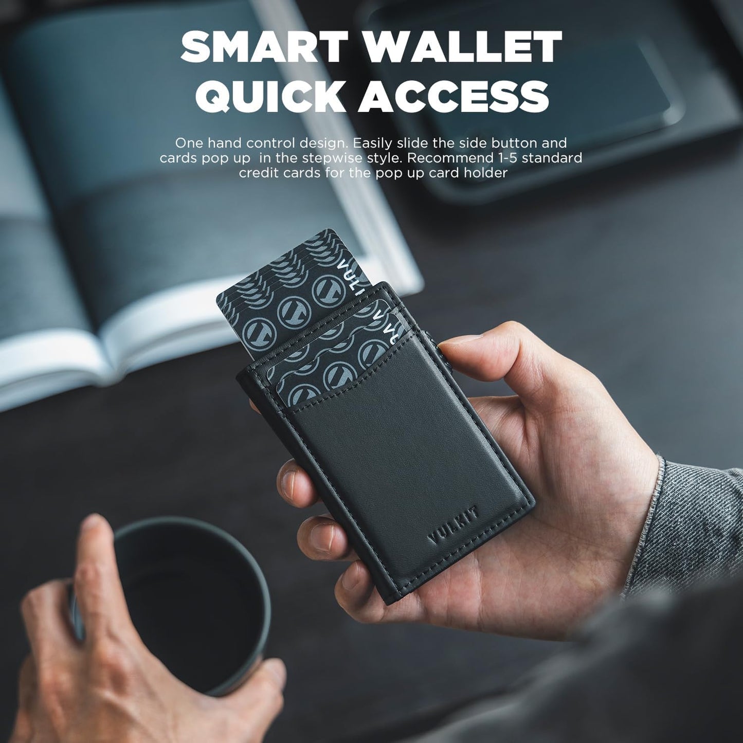 VULKIT Men's Wallet with ID Window Premium Leather Wallets RFID Blocking Minimalist Wallet Pop Up Card Holder Magnetic Closure