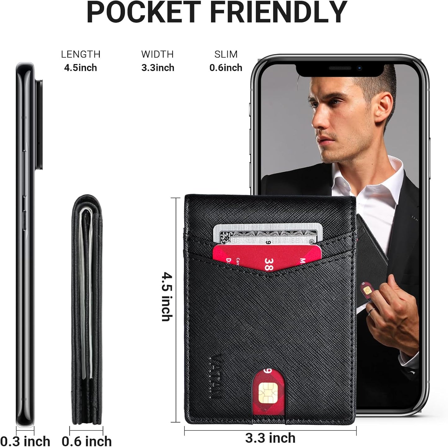 VATAN Wallet for Men, Mens Minimalist Wallet Credit Card Holder, Slim Leather Rfid 2 ID Window Large Capacity With Gift Box (Cross Grain Black)