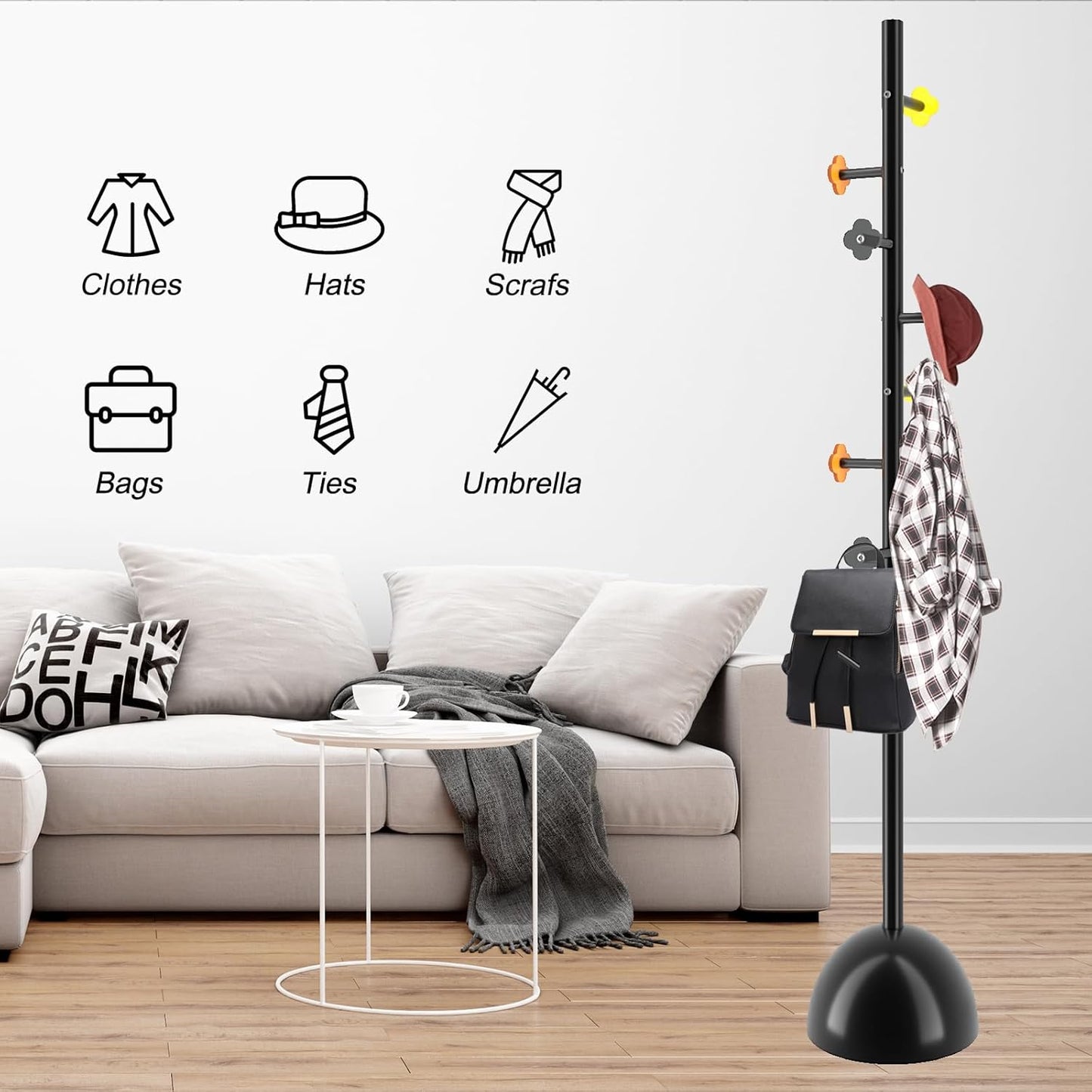 Metal Coat Rack Stand with Ball Base, Modern Coat Rack Freestanding, Heavy Duty Coat Racks with 8 Acrylic Hooks, Coat Hall Tree Hanger Stand for Entryway, Office