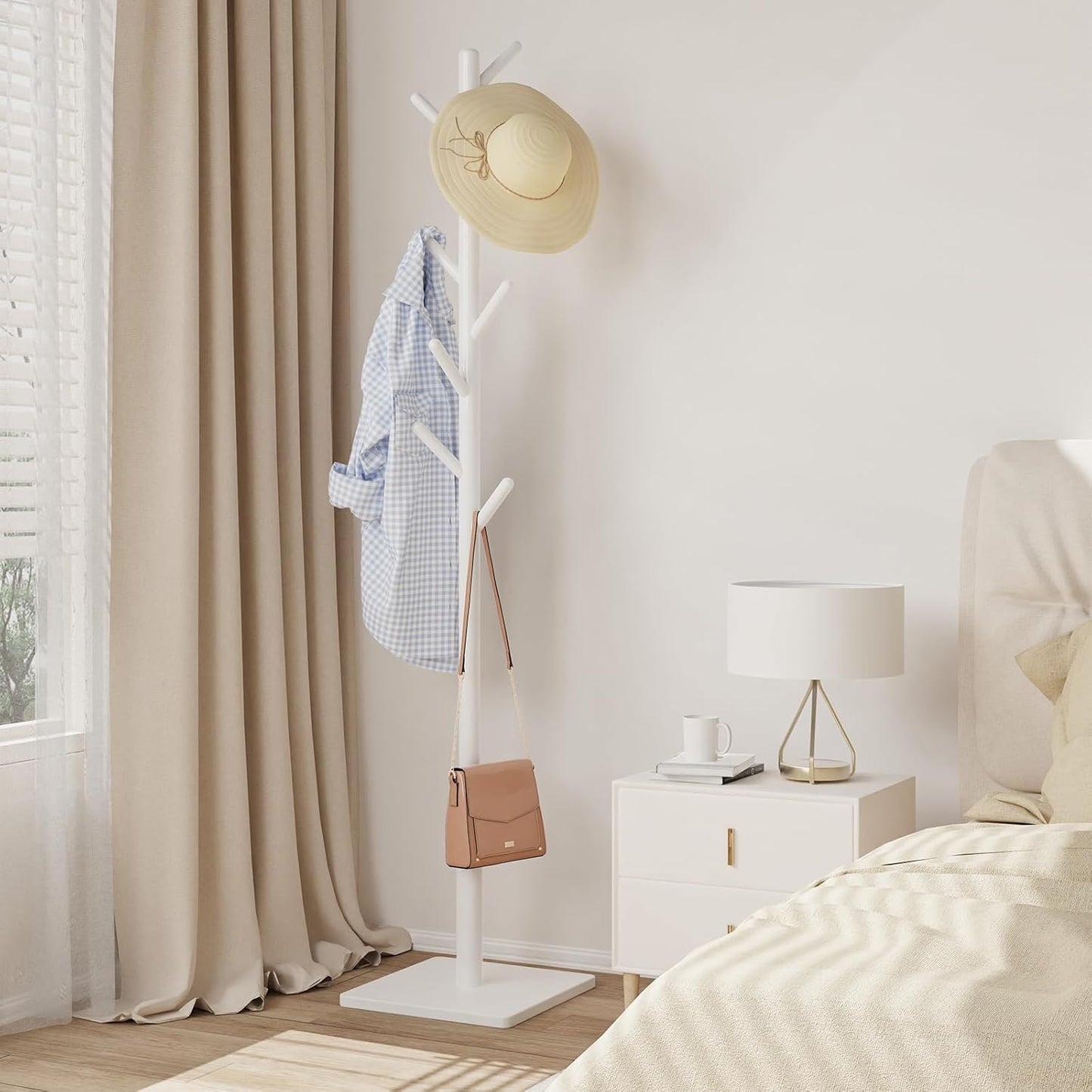 Coat Rack Freestanding with Stable Square Base for Cloathes, Hat, Used in Bedroom, Office and Entryway, Sturdy and Easy Assembly Coat Tree with 3 Adjustable Sizes and 8 Hooks, White