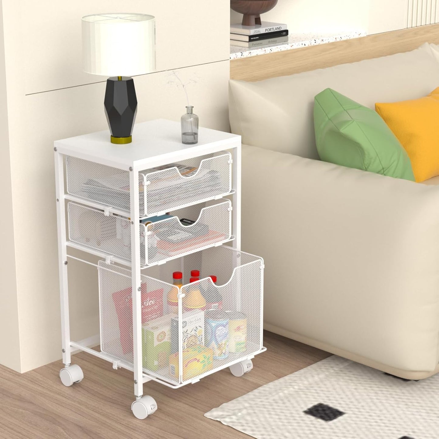 Rolling File Cart with 3 Storage Drawers, Wood & Mesh Hanging File Folder Organizer with Wheels Under Desk, File Cabinets for Home Office, 11.81" D x 14.8" W x 25.39" H, White