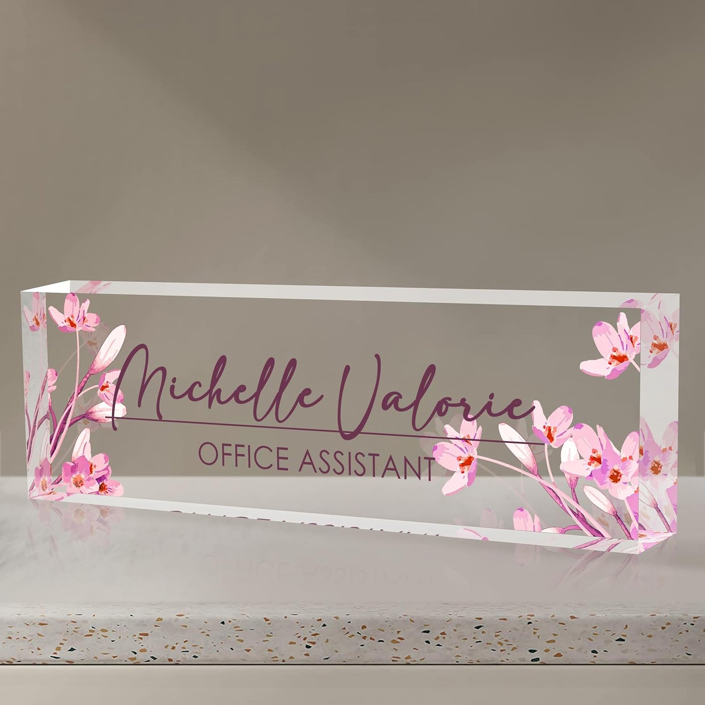 Personalized Name Plate for Desk, Custom Desk Name Plate, Acrylic Name Plate Office Desk Accessories, Personalized Office Gifts for Coworkers Teachers, Employee Appreciation Gifts (A-Pink Flower)