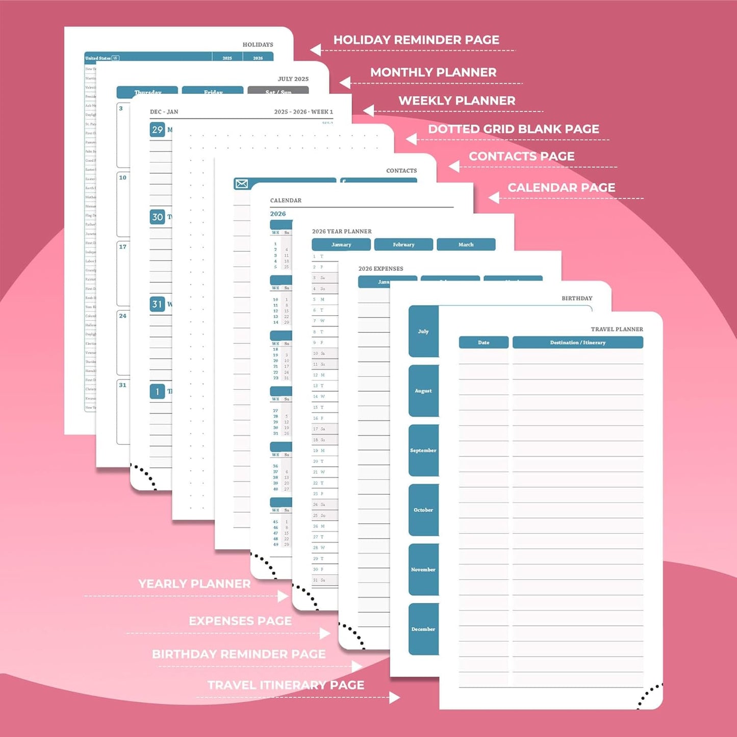 Planner 2026 Daily Weekly and Monthly,6.5"x3.75",12 Months Spiral Bound Calendar Agenda with Self-adhesive Pen Holder,2026 Appointment Book with Vegan Leather Soft Cover,Rose Red