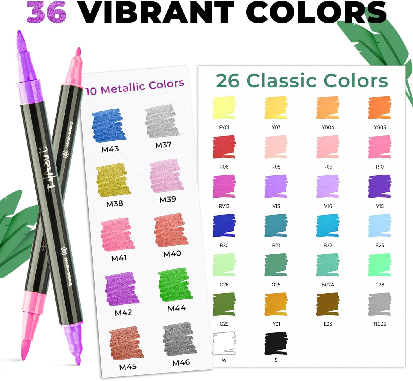 JusArt 36 Colors Acrylic Paint Markers Set With Bag, Dual Tip with Brush Tip and Fine Tip Paint Pens for Rock Painting, Wood, Egg, Canvas, Glass, Stone, Ceramic, DIY Crafts Professional Art Supplies