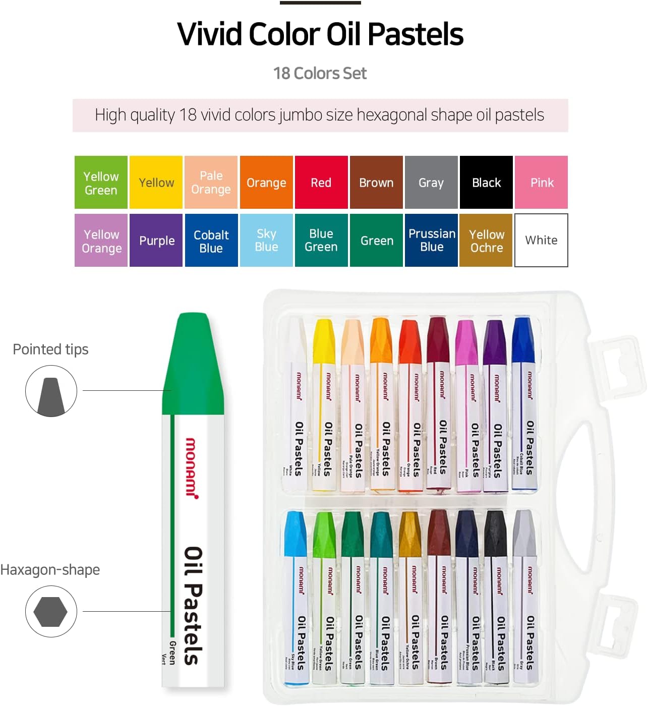MONAMI Oil Pastels, Jumbo Size Hexagonal Shape Oil Pastels for Kids and Students with Handy Carrying Case, 18 Vivid Colors Pack