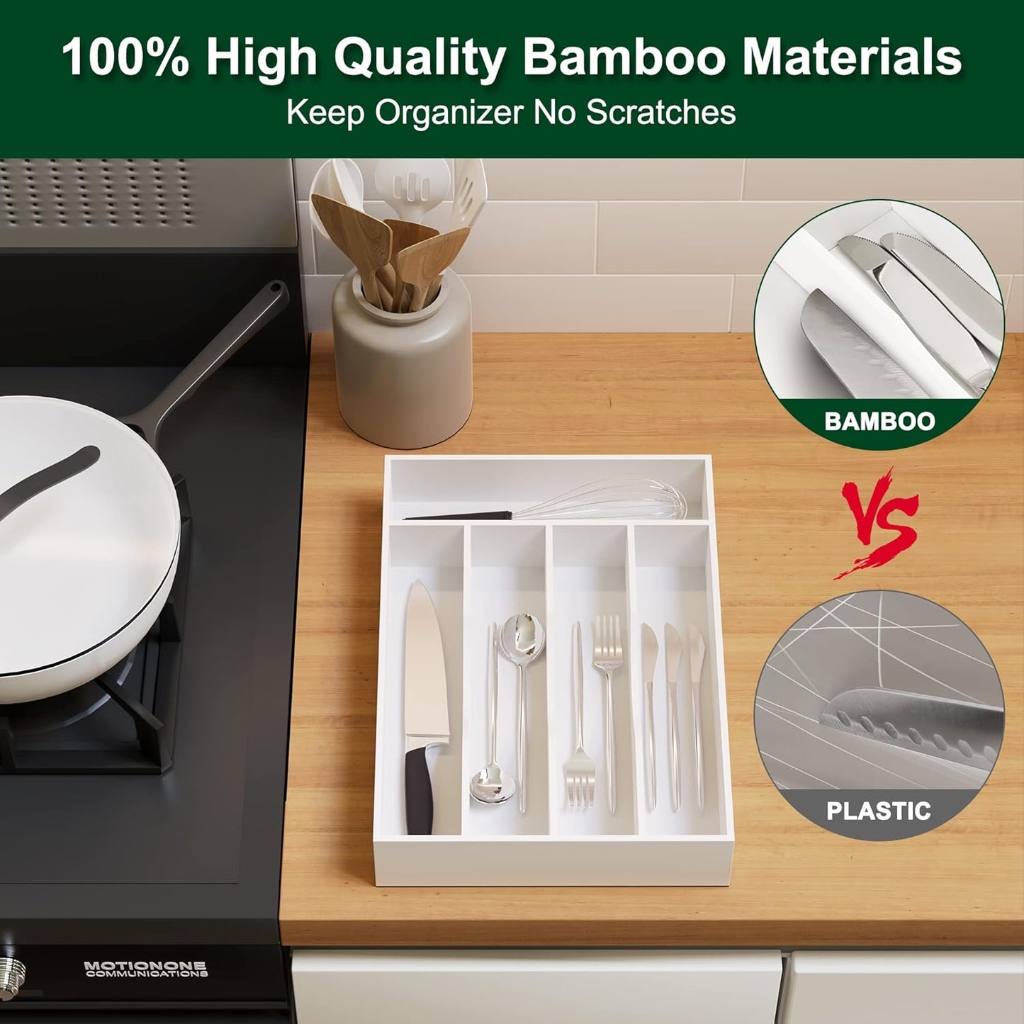 Bellsal White Utensil Organizer 10 Inch Silverware Tray for Drawer - 5 Compartment Small Narrow Bamboo