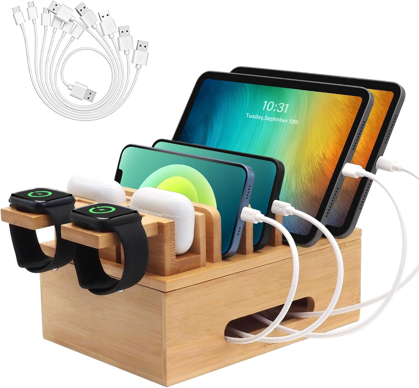 Bamboo Charging Stations for Multi Devices, Wood Desktop Docking Station Charger Organizer for Cell Phones, Tablets, Earphones, Watch (Includes 6 Charging Cables) (No Power Supply)