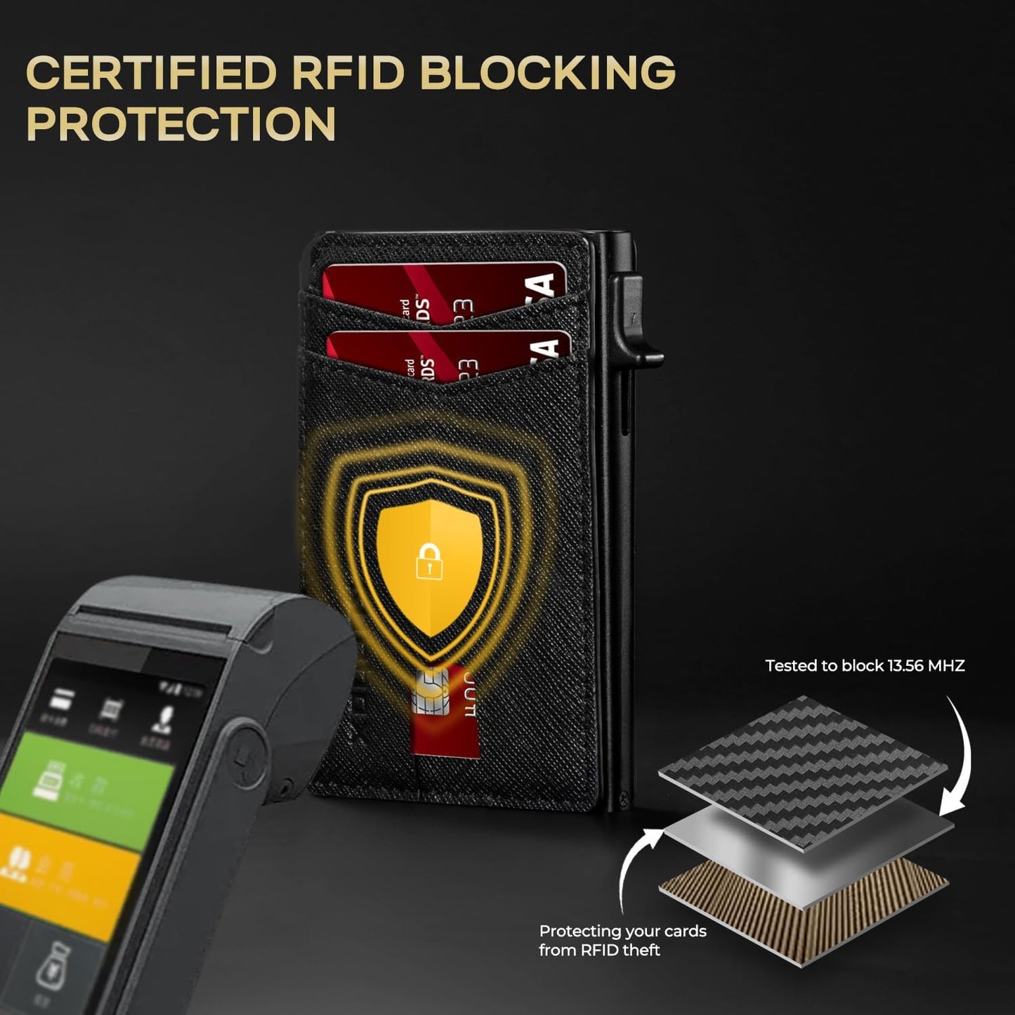 Slim Card Wallet for Men with ID Window – Minimalist RFID Wallet, Pop-Up Function, Ultra Thin Design, Metal Business Card Case Holds 8+ Cards, Gifts for Men, Men's Accessories