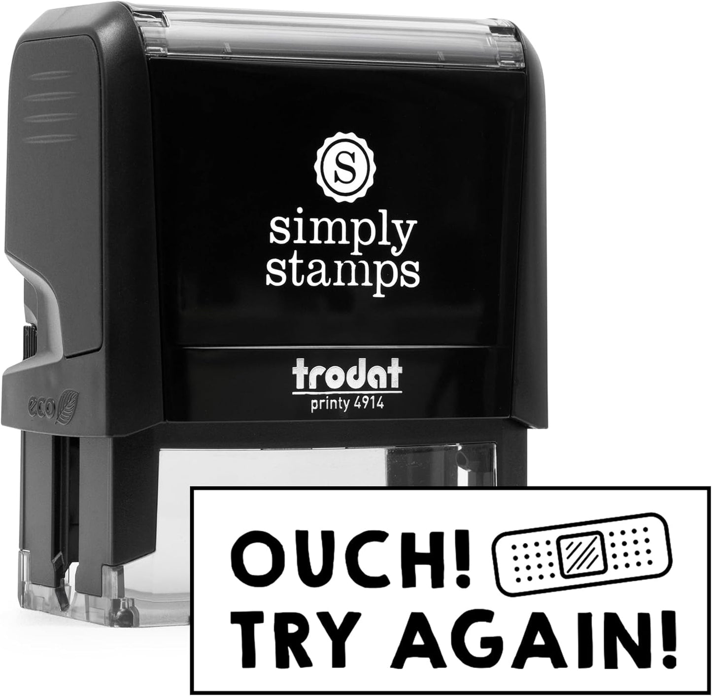 Custom Self-Inking Stamps | 49 Designs | Fun Phrases | Grading Made Easy | Classroom, Library and Book Stamps (Ouch! Try Again!, Xtra Wide)