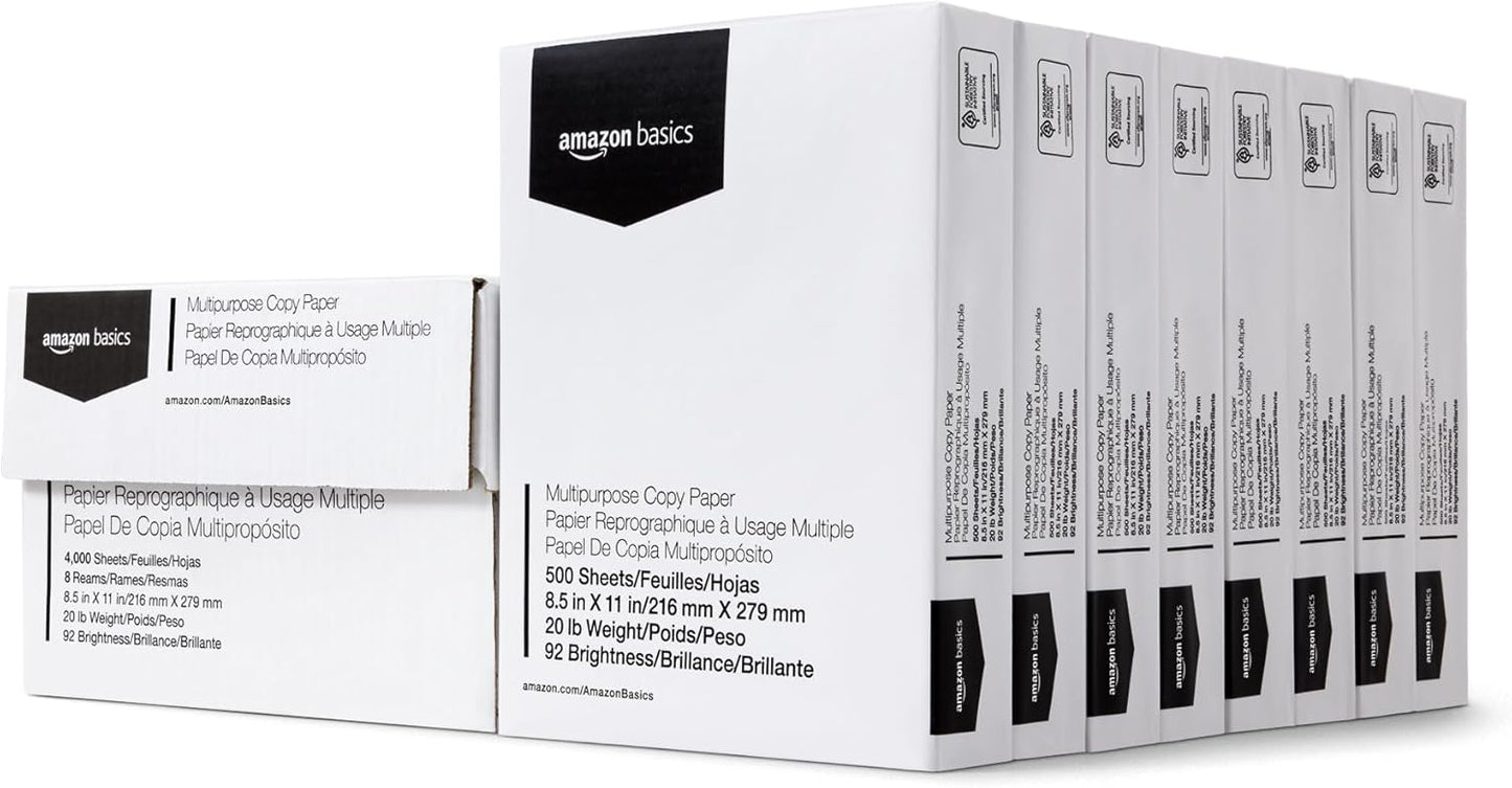 Amazon Basics Multipurpose Copy Printer Paper, 20 lb, 8.5 x 11 Inches, 8 Reams (4,000 Sheets), 92 Bright, White