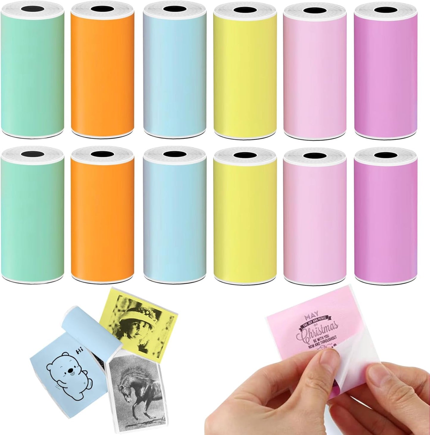 12 Rolls 53mmx3.75m Thermal Printer Paper, Mini Colorful Self-adhesive Label Printer Paper for Memoking Mini Printer, Small Printer T02/M02, Study Notes, Journal Photos (Multicolor)