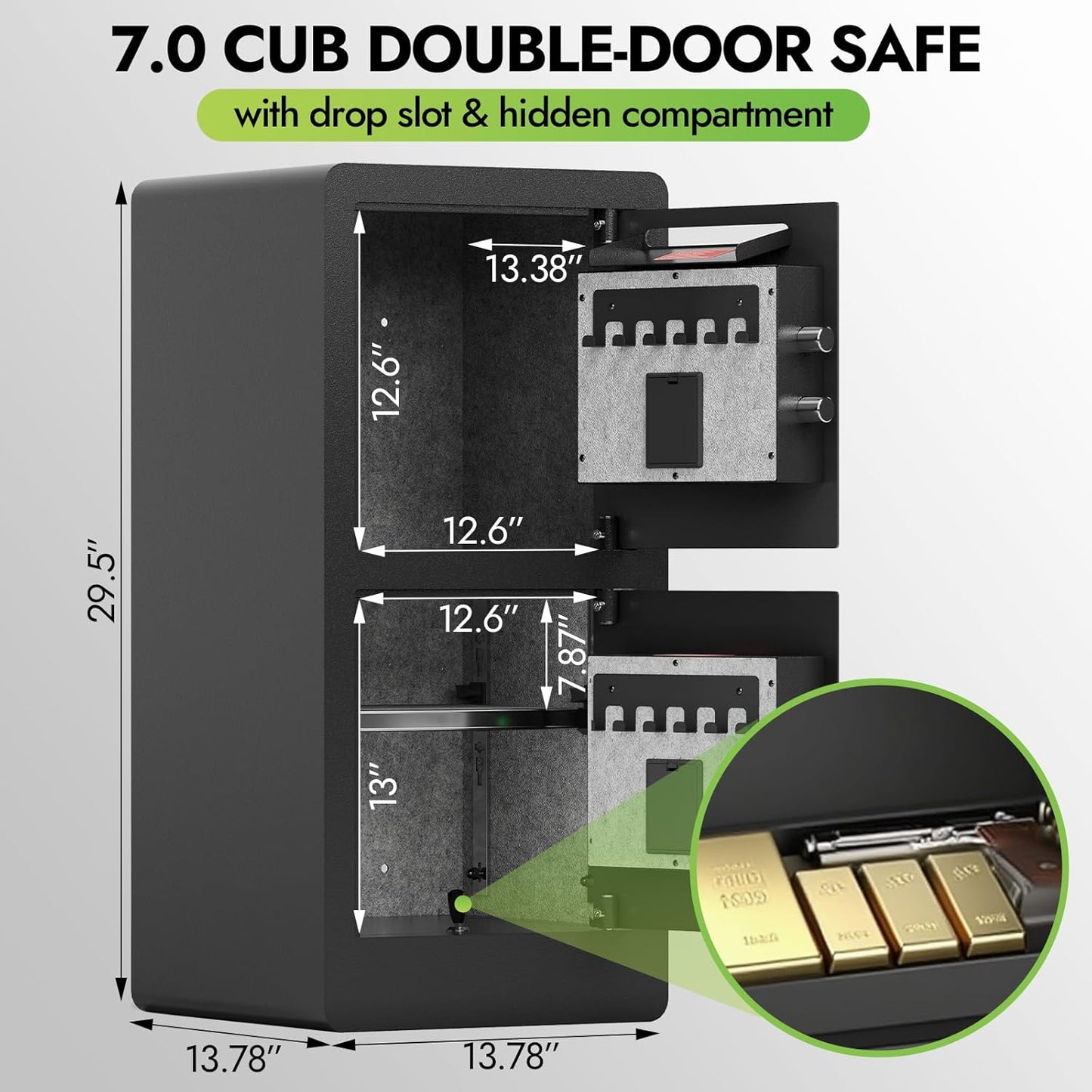Heavy Duty Dual Door Safe Box, Extra Large Waterproof with Hidden Lock Box, Removable Shelves & Free Fireproof Bag for Home, Office, Jewelry, Documents (7.0 Cuft Double Door Safe)