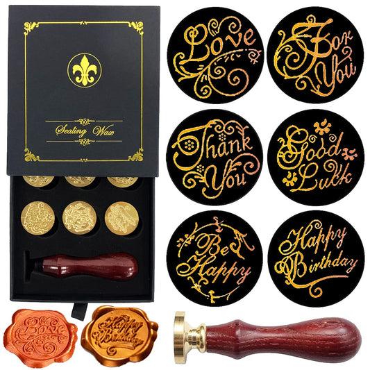 Wax Seal Stamp Gift Box Set, 6 Pcs Blessing Series Seals Copper, Wooden Hilt, Kit for Cards Envelopes, Gift Packaging
