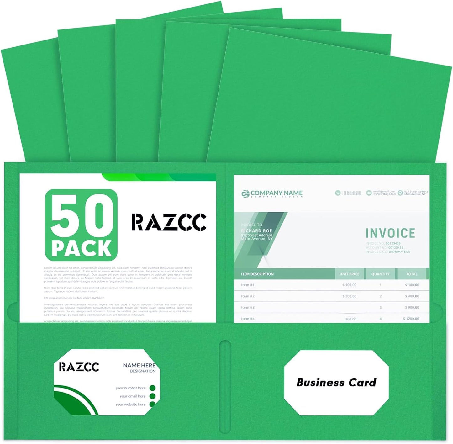 Two Pocket Folders, RAZCC 50 Pack 2 Pocket Folders Fit Letter Size Paper, Paper Folders with Pockets for School Office Business Home, Green