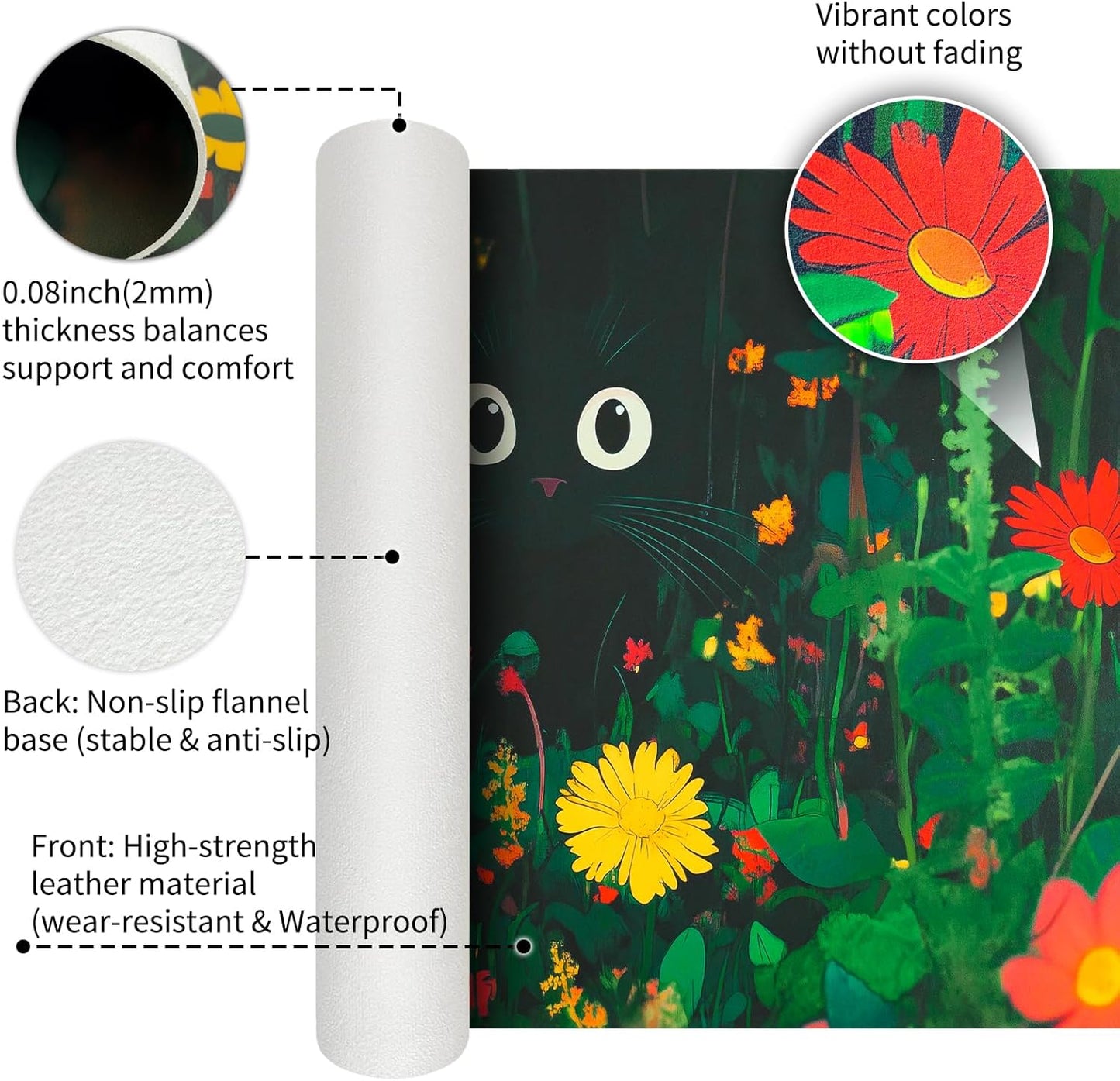 Bloss Wildflowers Mouse Pad,Large Floral Plants Desk Pads for Desktop,Cute Black Cat Leather Desk Mat for Keyboard and Mouse,Computer Laptop Desk Protector Mat for Office/Home/Women Gift,31.5" x 15.7"