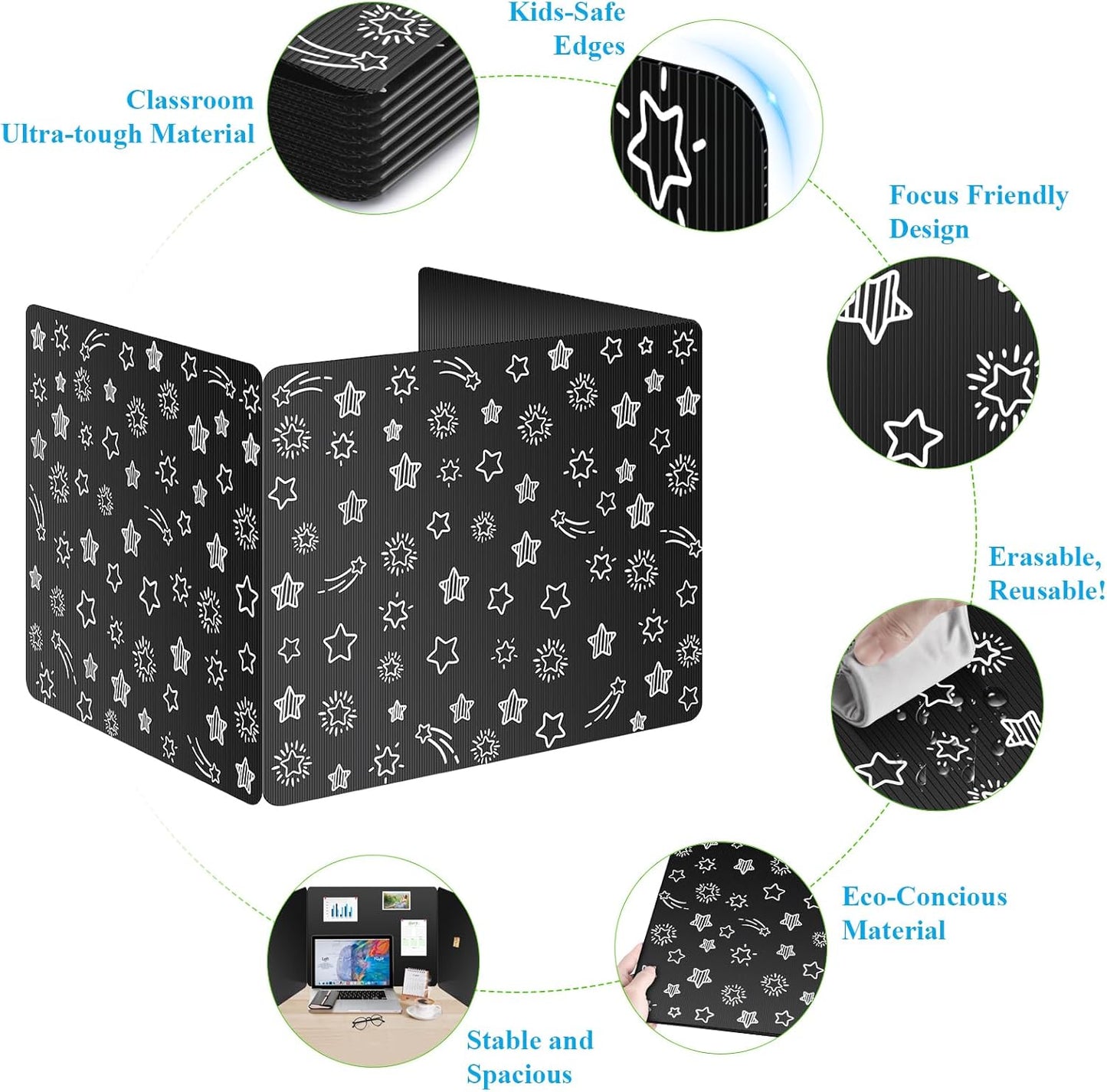 Black 2-Pack Desk Dividers for Students, Waterproof Plastic Study Carrel Divider, Durable Testing Dividers for Classroom Teacher Supplies, Easy to Clean Privacy Shield Folder Boards for Student Desk