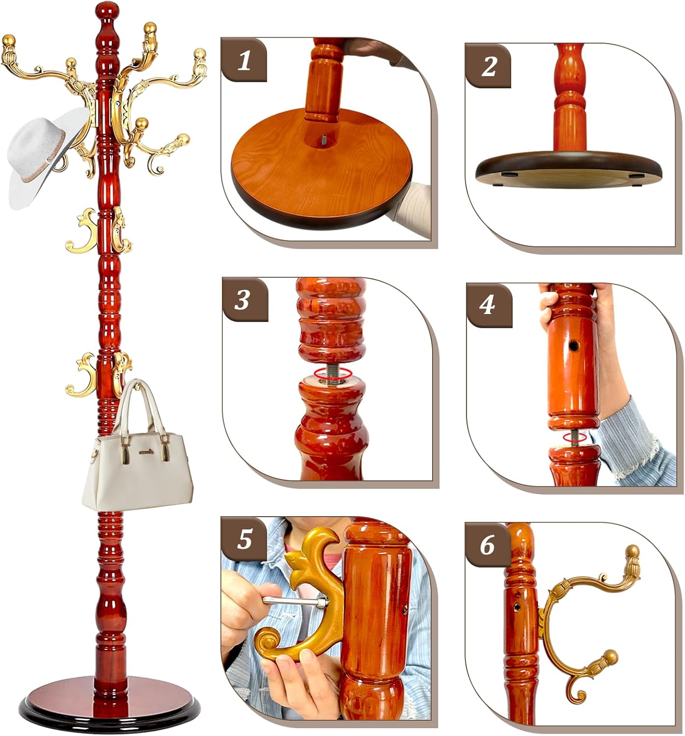 Vintage Wooden Coat Rack Free Standing,14 Hooks, 3-Level Adjustable Height, 73-Inch Retro Coat Rack Stand, Suitable for Entryway, Living Room, Office and Bedroom (Begonia color, 1PCS)