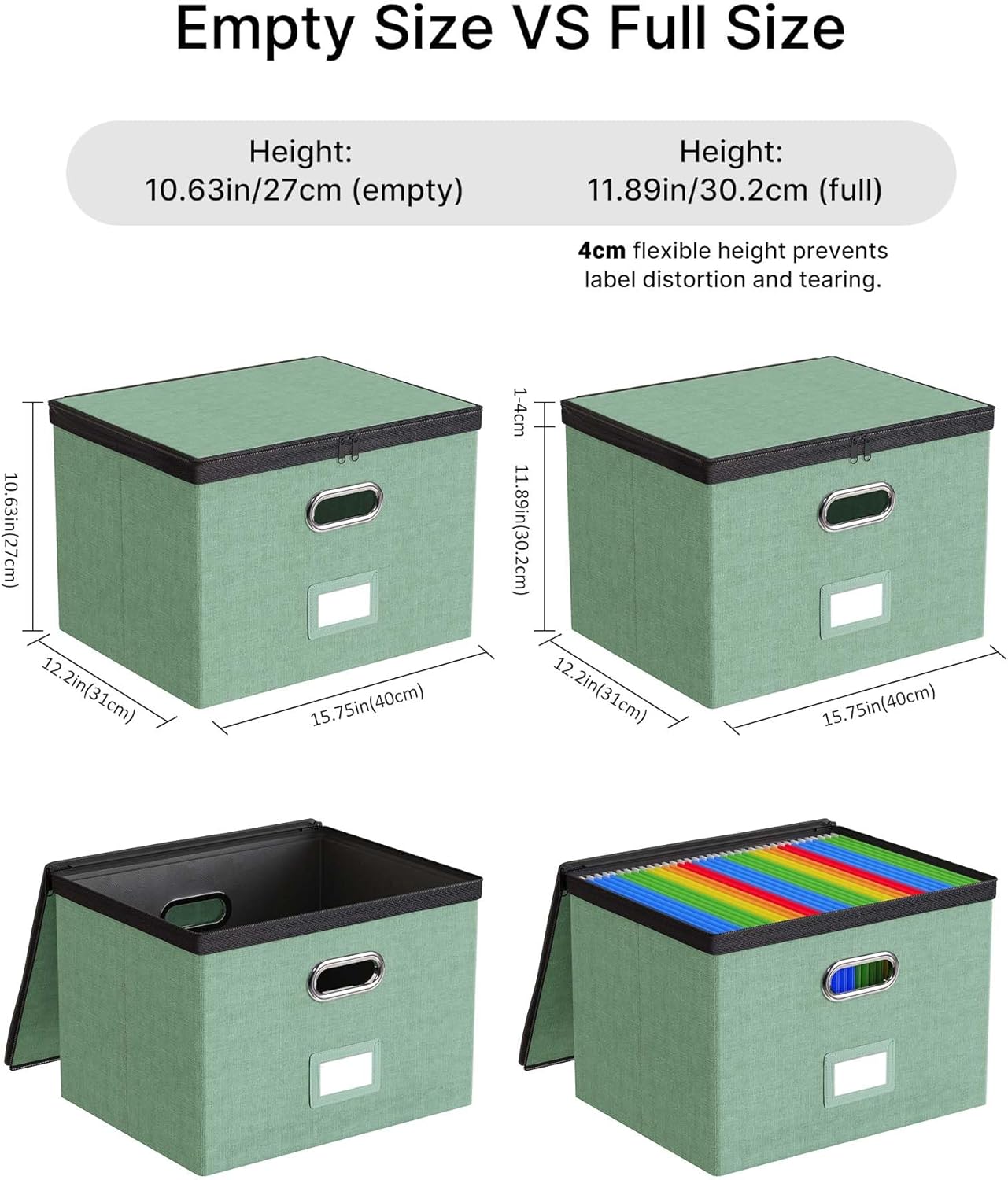 Oterri 1 Pack Large File Organizer Boxes with Lids, File Box with Mesh Pockets, Document Organizer Box for Letter/Legal Size Folders, Zippers Important Document Organizer (Green, Without Folders)