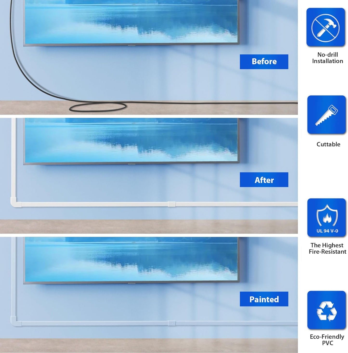 Cord Hider Wall for One Cord, 136in Cord Covers for Wires on Wall, Easy Install Cable Cover Wall, Cable Raceway White Hide Cords, Cable Hider Cord Management Wall, 8X L17in W0.6in H0.4in