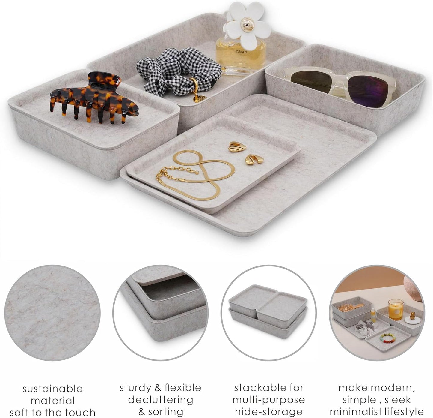 Welaxy Lidded Felt Drawer Organizer Trays with lids Desktop Organizer Bins Storage box for crafts office supplies pen notes Junk Makeup Stationery Organize 3- Pack (Oatmeal)