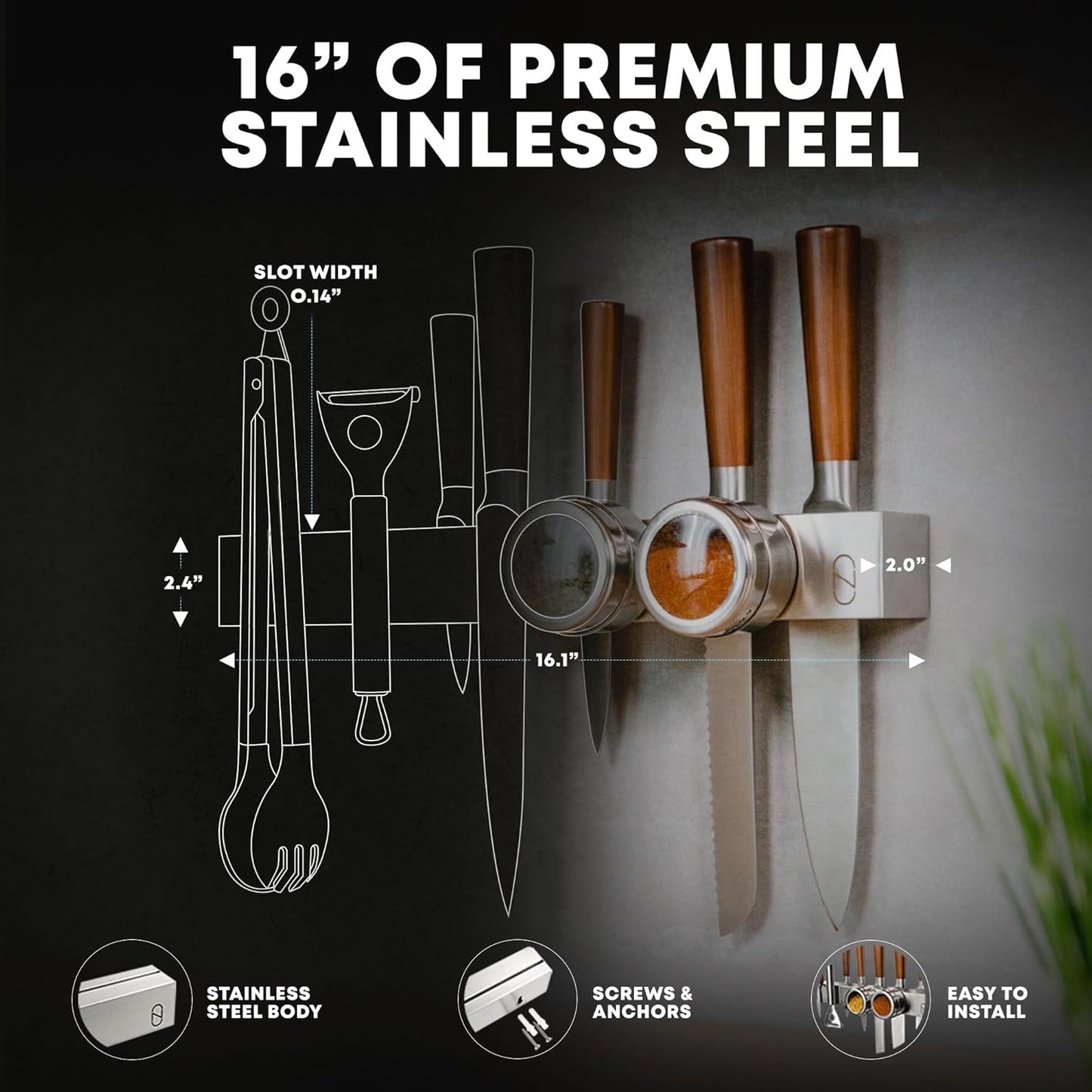 16" Magnetic Knife Holder for Refrigerator with 2x Storage - Safe, Patented Storage Design - Stainless Steel Double Sided Magnetic Kitchen Knife Holder for Fridge - Magnet Strip Utensil Organizer