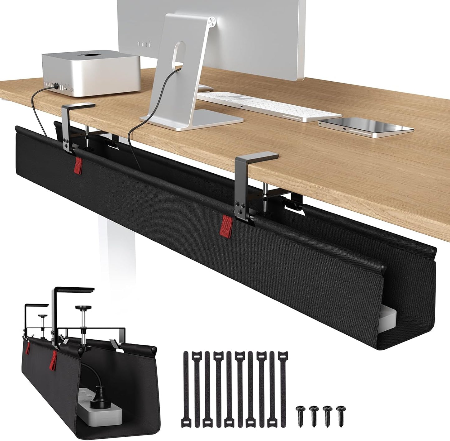 Univivi No Drill Under Desk Cable Management Tray, 48" Cord Organizer for Table, Clamp/Screw Mount Desk Cable Management, Premium Fabric Cable Management Tray for Office, Home (Extra Large)