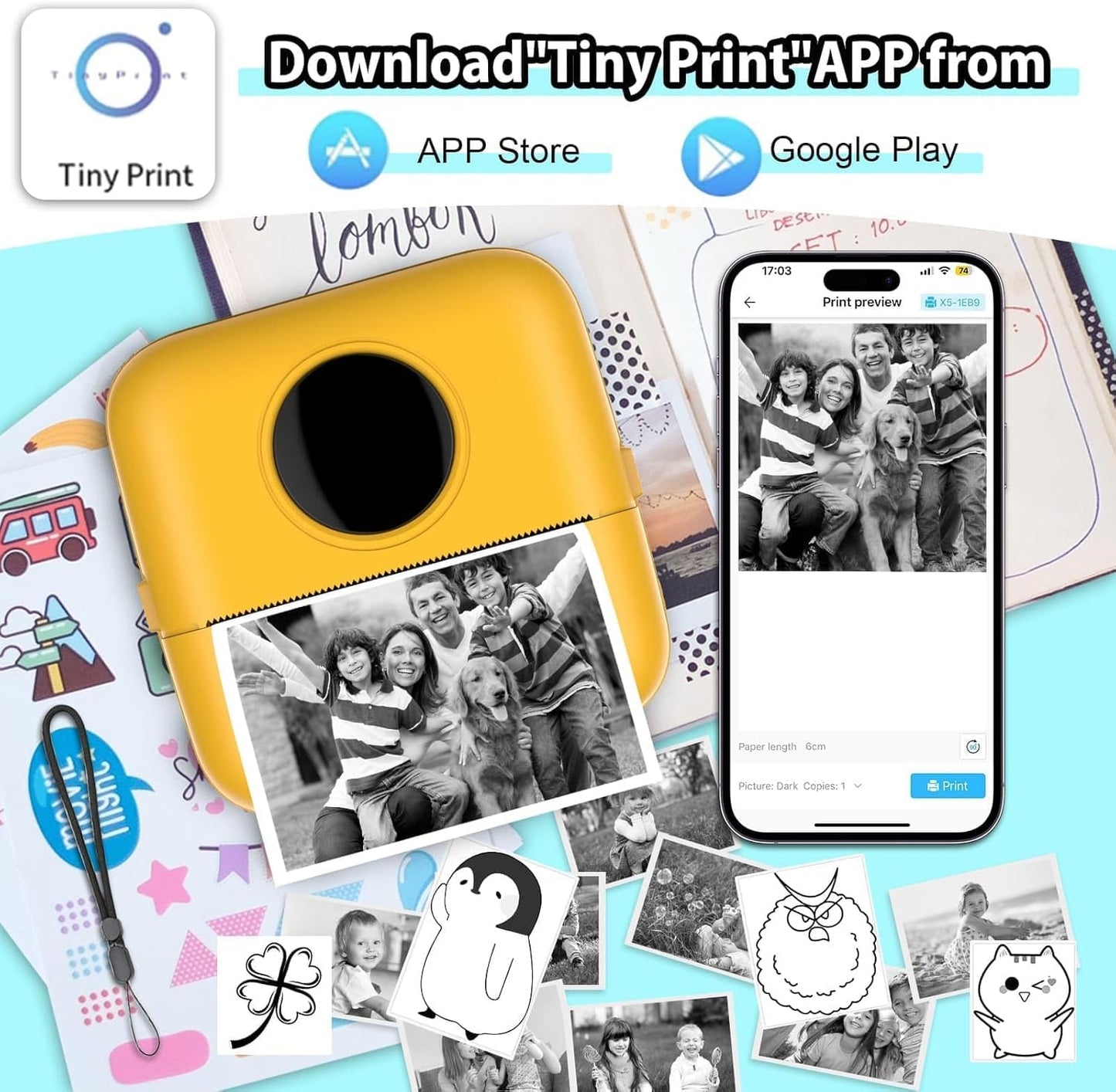 HuiJuKeJi Mini Sticker Printer Bluetooth Smart Pocket Inkless Thermal Printer with 11 Rolls Thermal Paper and Sticker for iOS&Android, Portable Receipt Printer for Photo Note Memo (Yellow)