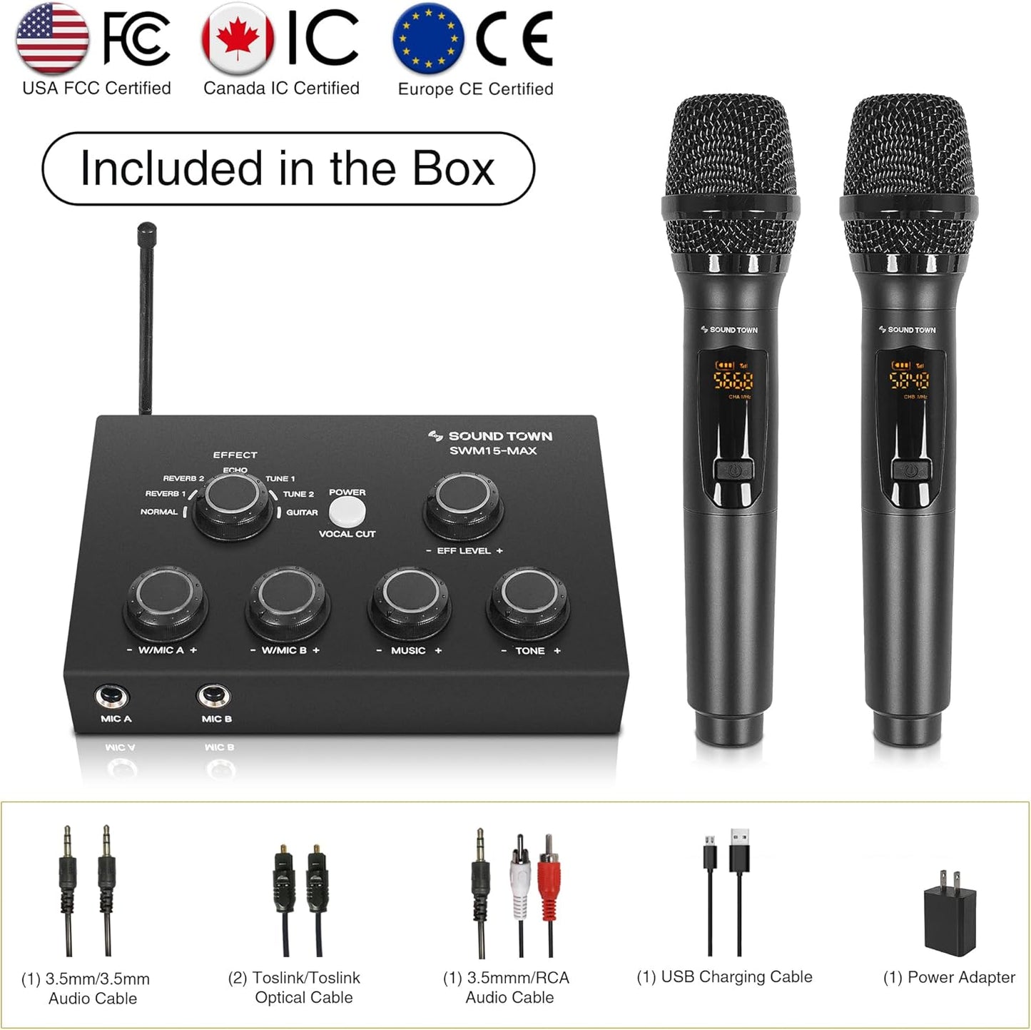 Sound Town 16 Channels Wireless Microphone Karaoke Mixer System w/ 2 Wireless Mics, HD ARC, Optical (Toslink), AUX, Supports Smart TV, Media Box, PC, Bluetooth, Soundbar, Receiver (SWM15-MAX)