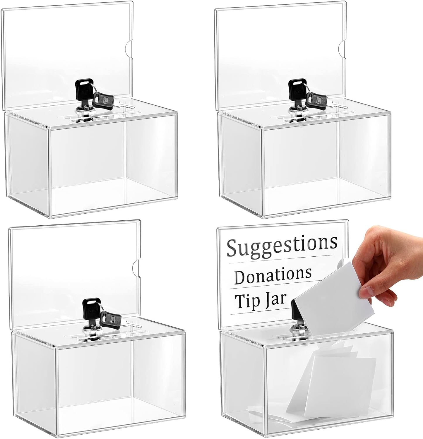 4 Pcs Acrylic Donation Box Suggestion Ballot Box for Fundraising with Lock and Sign Holder Raffle Donation Jar Tip Ticket Storage for Business Cards Voting Charity, 6.1 x 4.3 x 3.8 Inch(Clear)