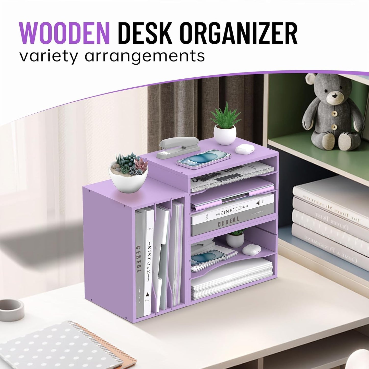 Wood Desk Organizer, 3 Tier Paper Tray Organizer for Desk with Adjustable Storage Shelves, Desktop Paper Sorter Mail Holder for Office Home Classroom, Purple